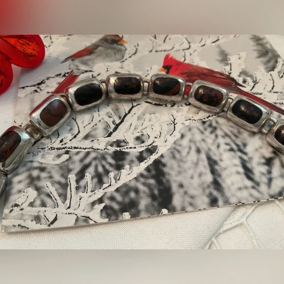 VINTAGE .950 SILVER MAHOGANY OBSIDIAN 9 LINK BRACELET, TOGGLE CLASP 36 GRAMS - Picture 16 of 16